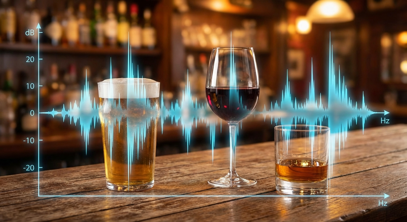 Various alcoholic drinks — wine, beer, spirits — with an audiogram waveform overlay showing noise spikes