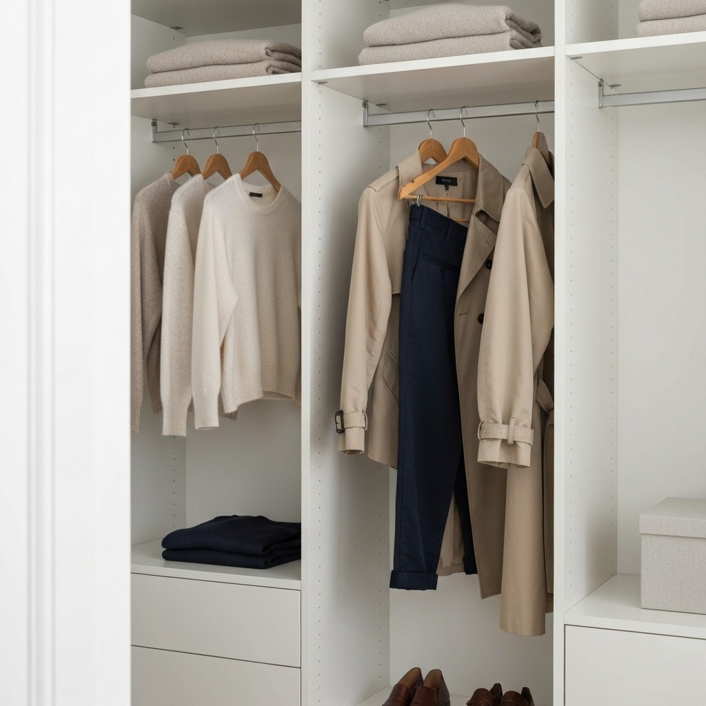Minimalist capsule wardrobe with neutral clothing hanging neatly in an organized closet