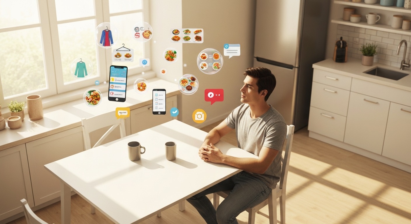 A person sitting at a kitchen table in the morning surrounded by choice bubbles: outfit options, meal options, route options, task options — illustrating the hidden volume of daily decisions