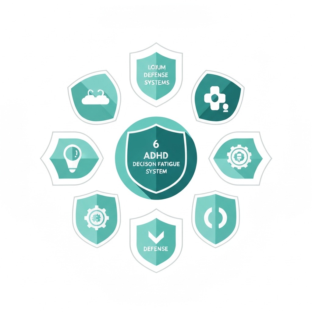 Infographic showing the 6 decision fatigue defense systems arranged as a shield diagram with icons for each system and estimated decisions saved per week