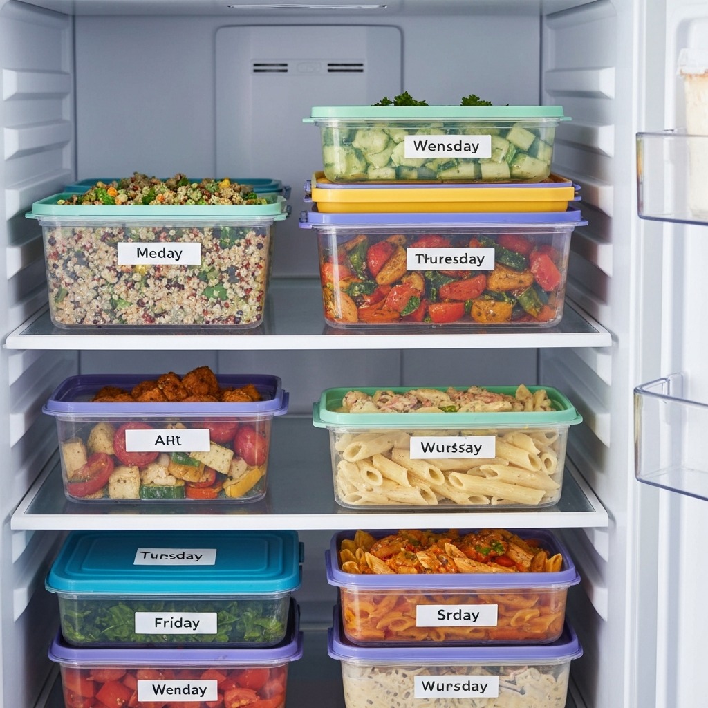 Colorful weekly meal prep containers neatly organized and labeled with days of the week
