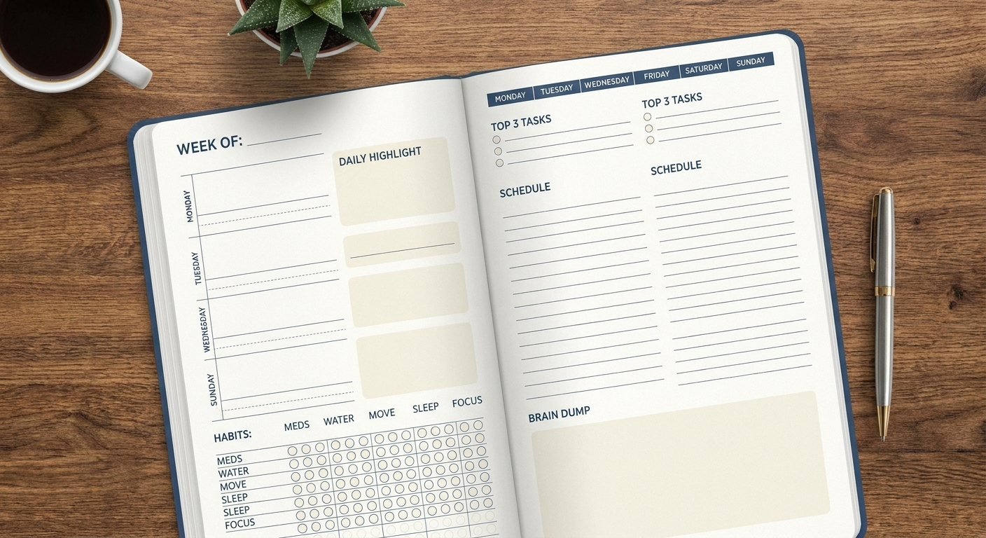 Passion Planner open on desk with pens and sticky tabs