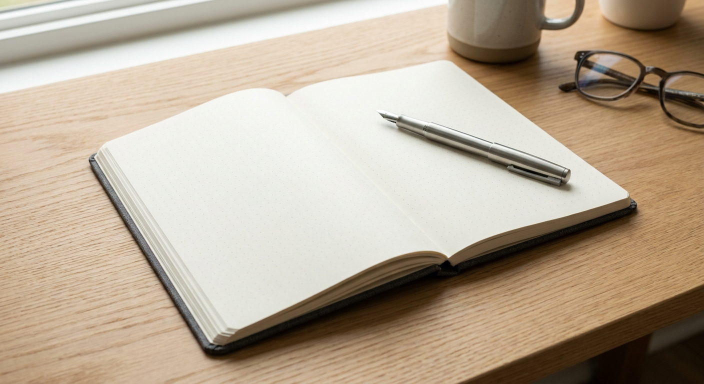 Leuchtturm1917 notebook open showing dotted grid pages and coloured pens