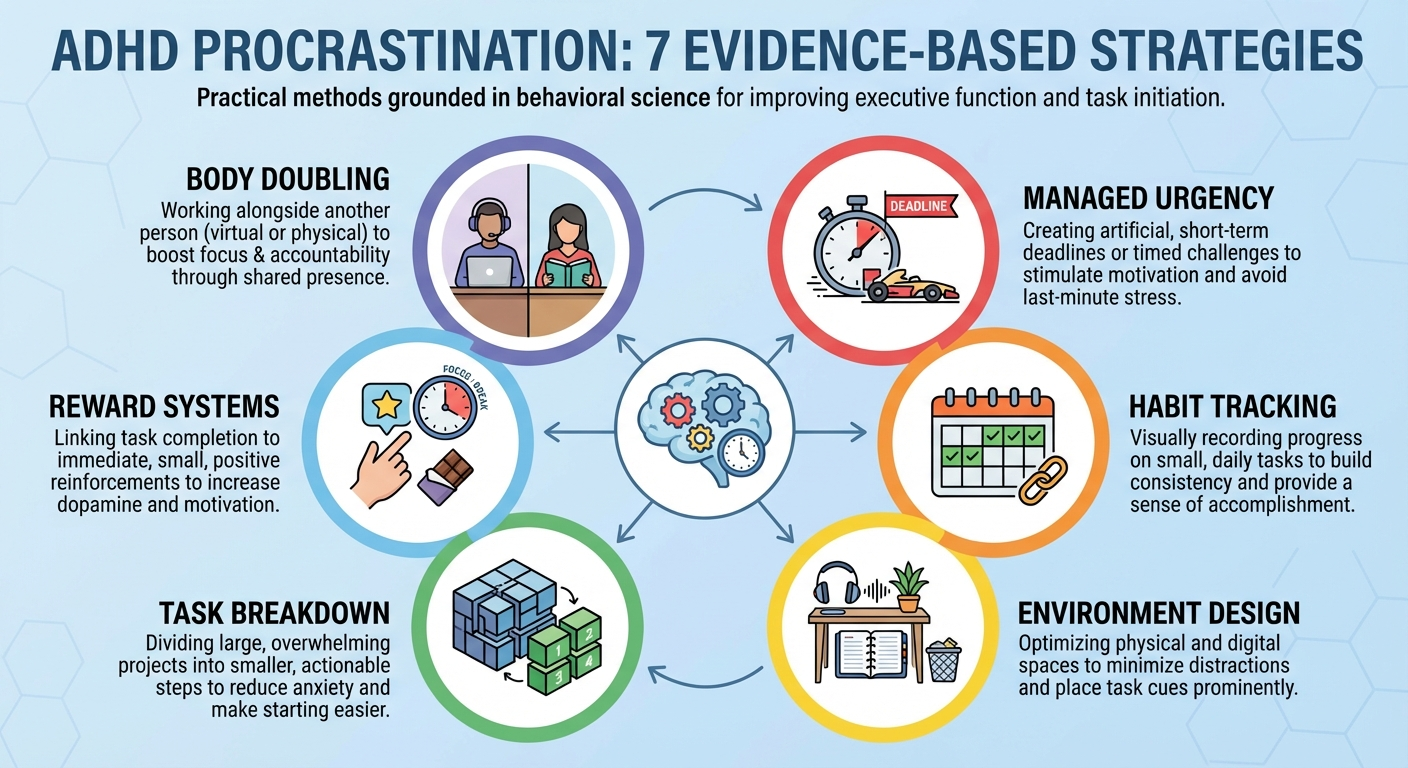ADHD procrastination strategies infographic 7 evidence-based methods body doubling urgency habit tracking environment design