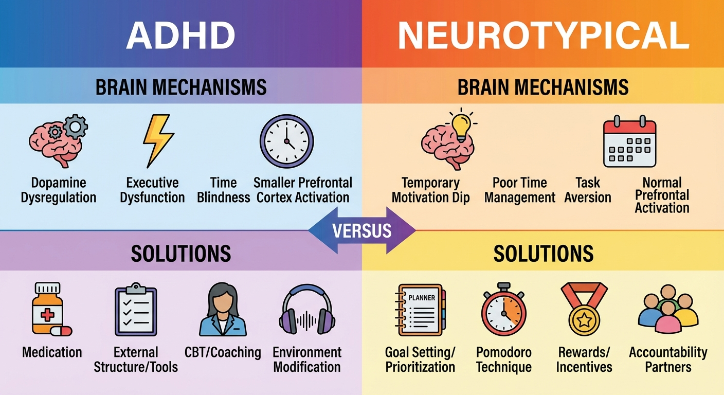 ADHD procrastination work versus personal tasks pattern differences deadline urgency external accountability