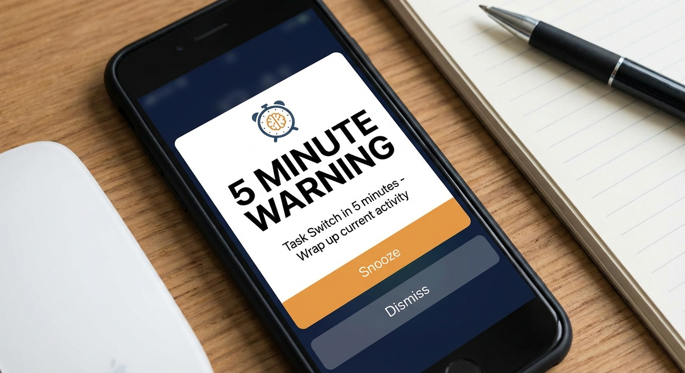 The 5-minute transition warning alarm prevents the mid-task panic that derails ADHD productivity
