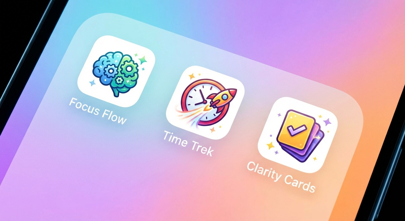 Three app icons displayed on a colorful gradient background representing additional ADHD productivity tools