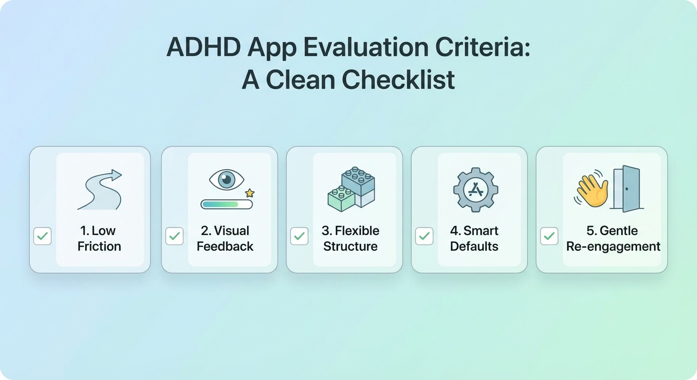 A checklist infographic showing the five evaluation criteria with icons for friction, visual feedback, flexibility, defaults, and re-engagement