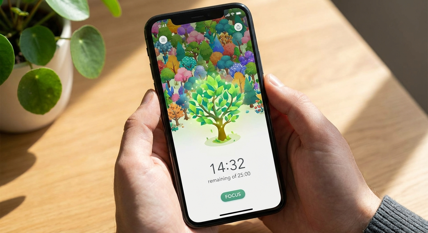 Forest app showing a growing virtual tree during a 25-minute focus session with a lush forest of completed sessions in the background