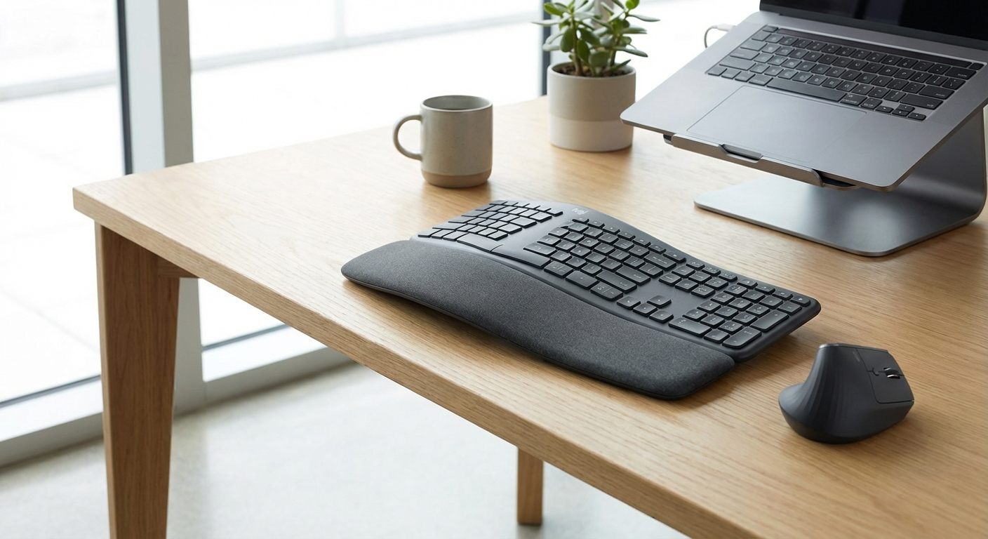 Logitech Ergo K860 split wave ergonomic keyboard in home office setup