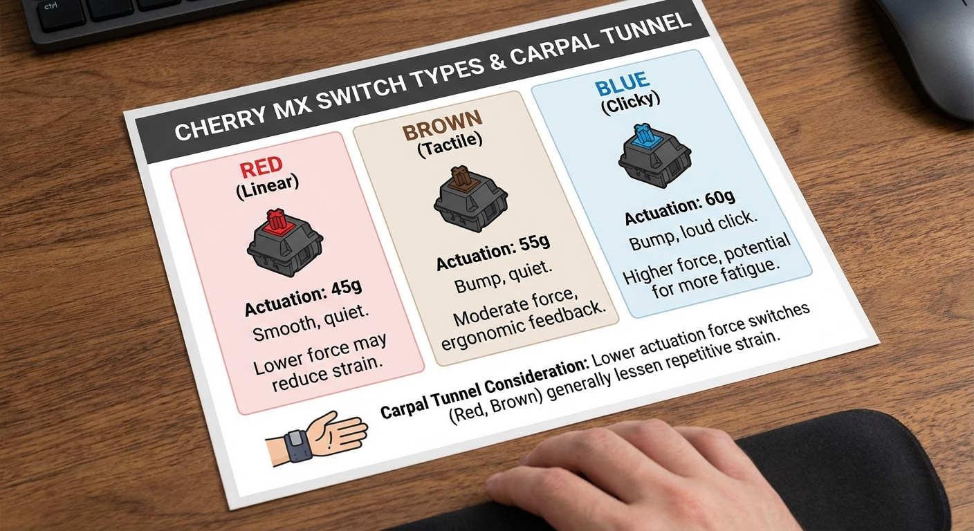 Mechanical keyboard switches comparison showing actuation force weights for carpal tunnel users