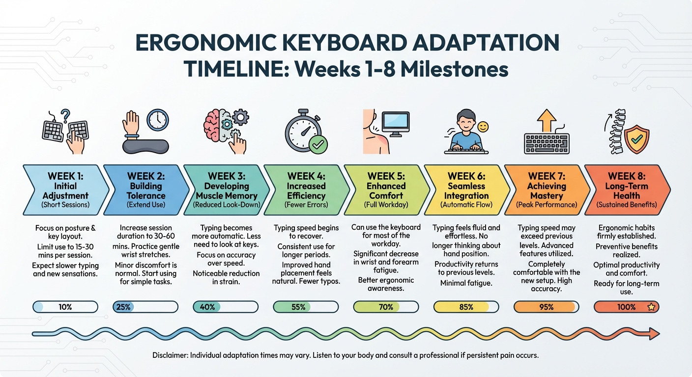 Transition timeline infographic showing weekly milestones for switching to an ergonomic keyboard