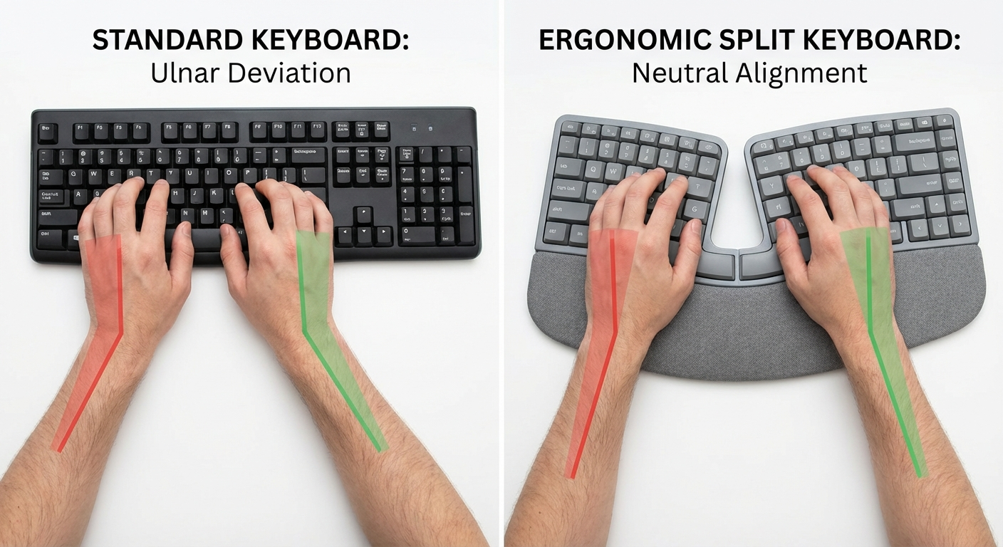 Wrist position comparison: standard flat keyboard versus ergonomic split keyboard showing neutral wrist alignment