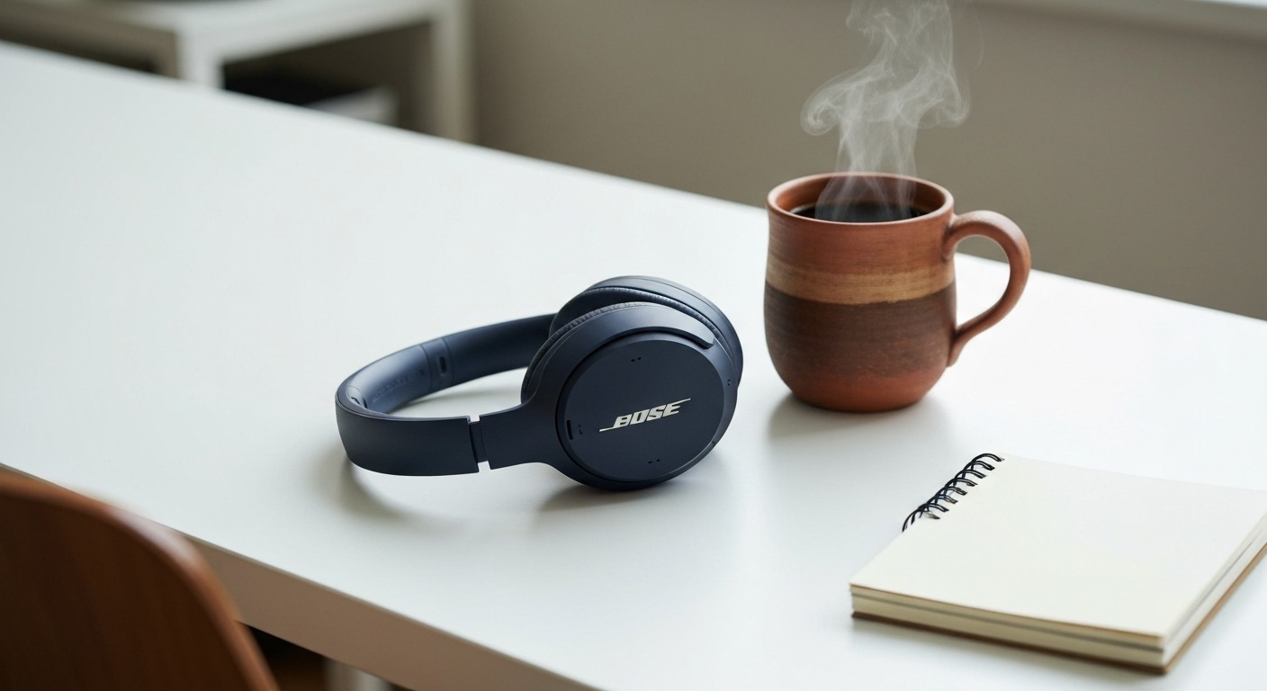 Bose QuietComfort 45 headphones on a clean work desk for ADHD productivity