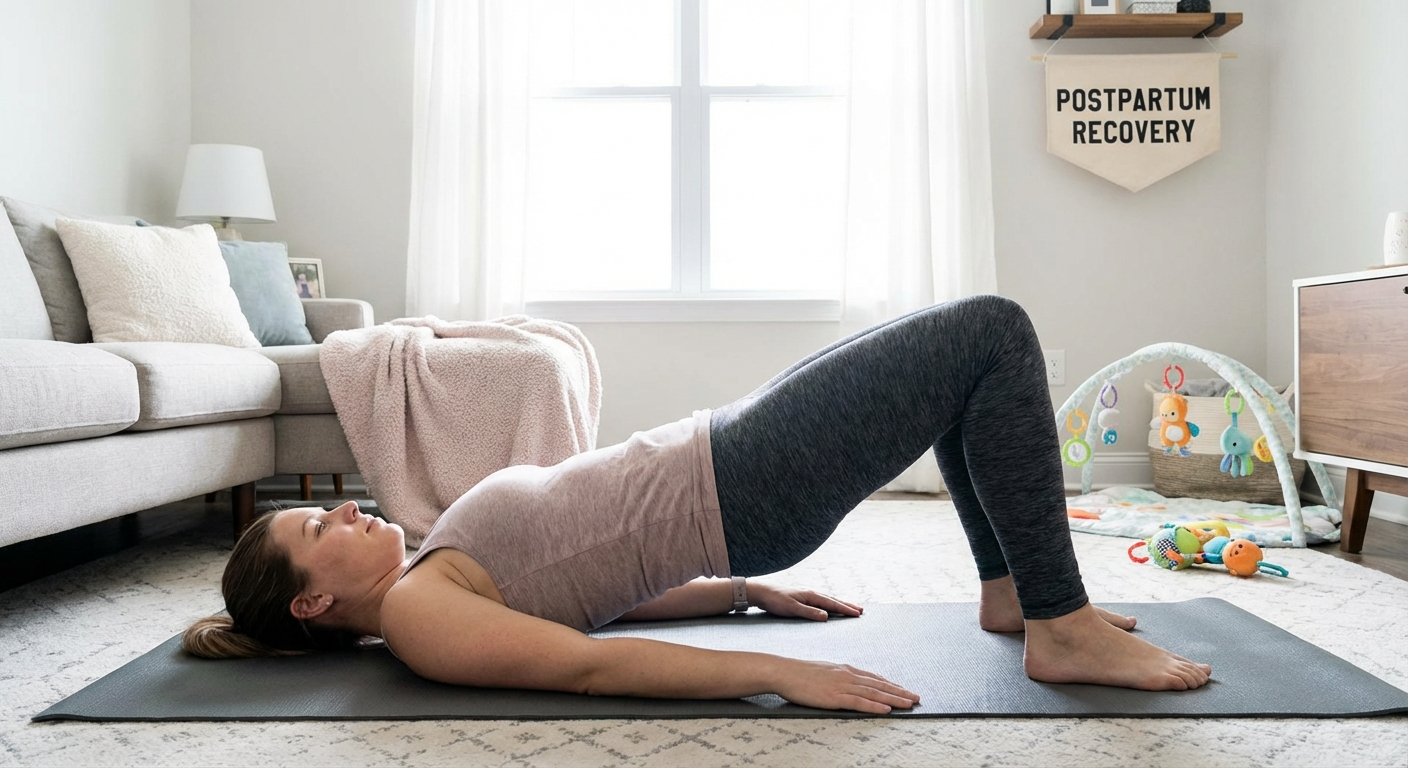 Postpartum woman performing a glute bridge exercise on a yoga mat with hips lifted in a bright home gym