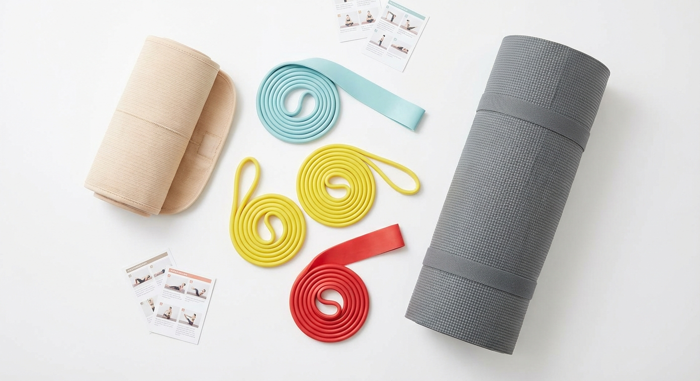 Postpartum belly wrap and resistance bands laid out on a yoga mat as recovery essentials