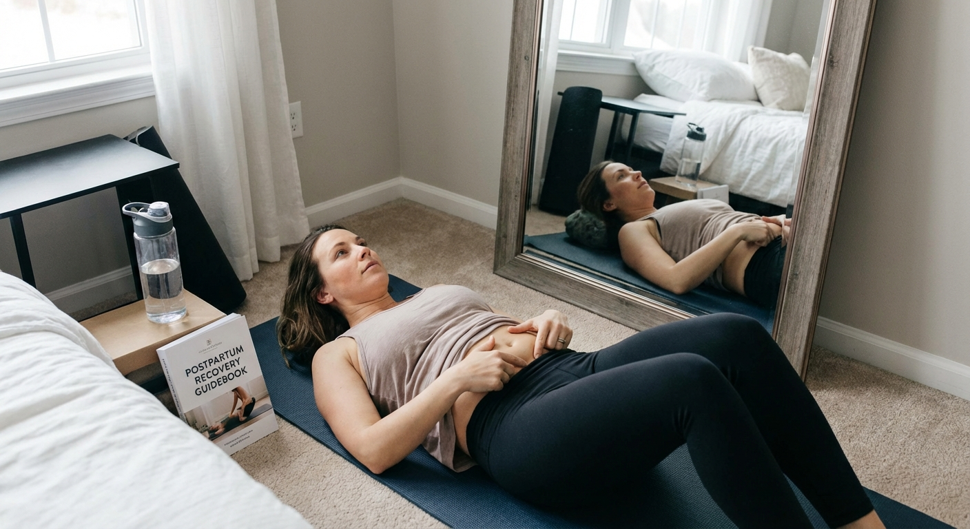 Postpartum woman in workout clothing checking her abdomen for diastasis recti separation in front of a mirror
