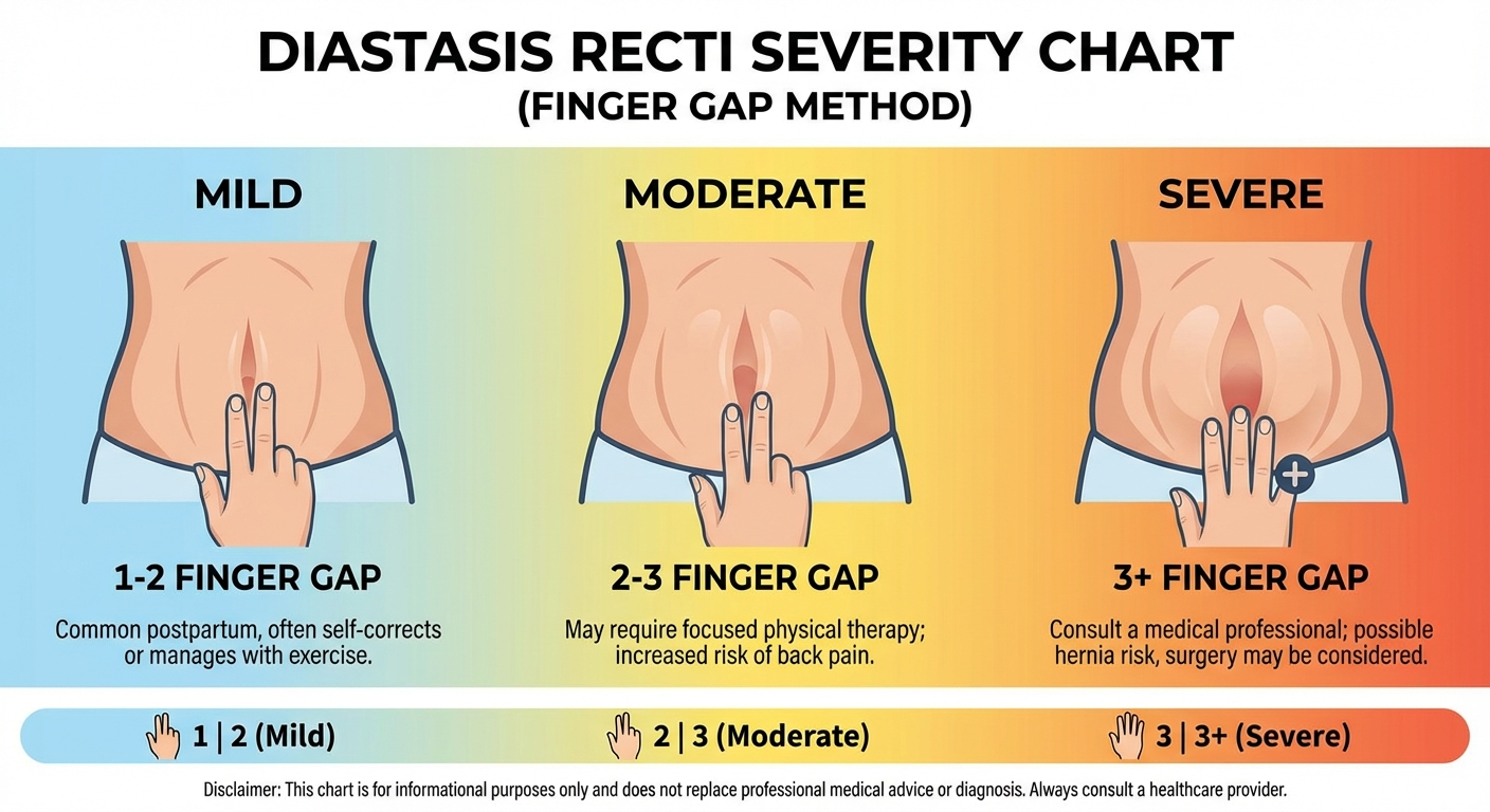 Infographic showing four stages of diastasis recti severity from mild to severe with color-coded indicators