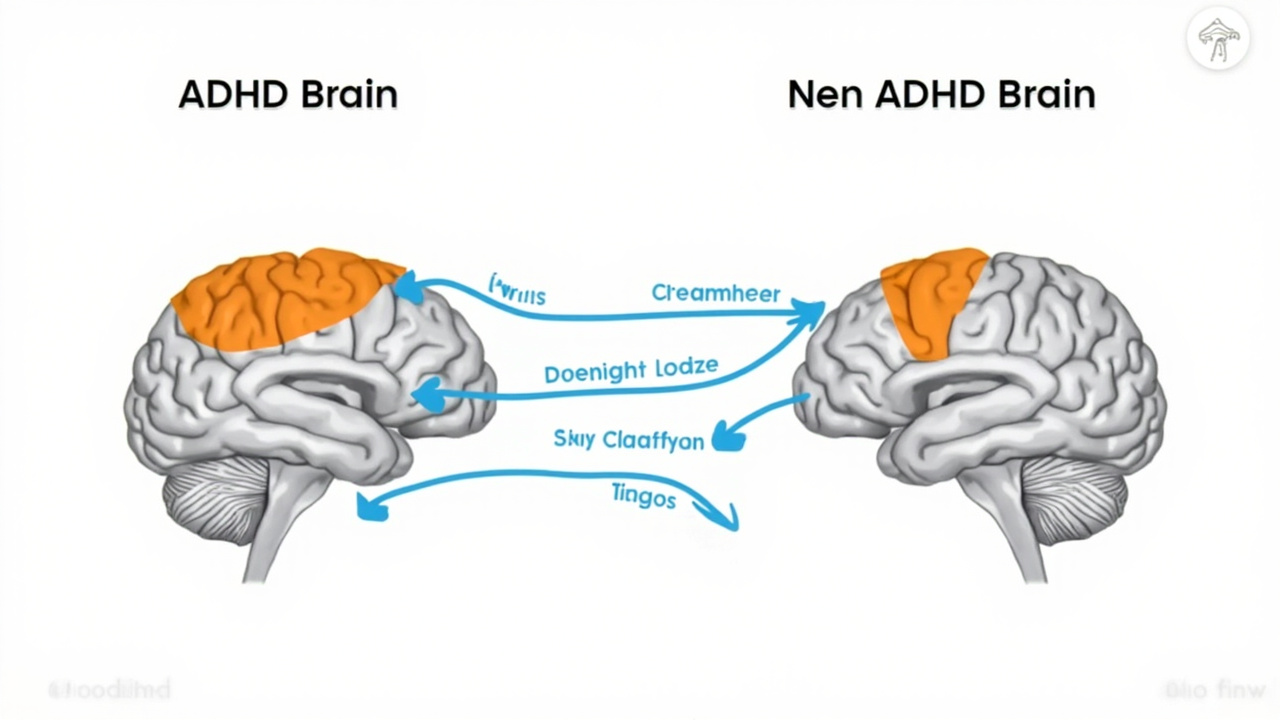 ADHD brain vs neurotypical brain MRI infographic, prefrontal cortex and dopamine pathways, medical illustration style