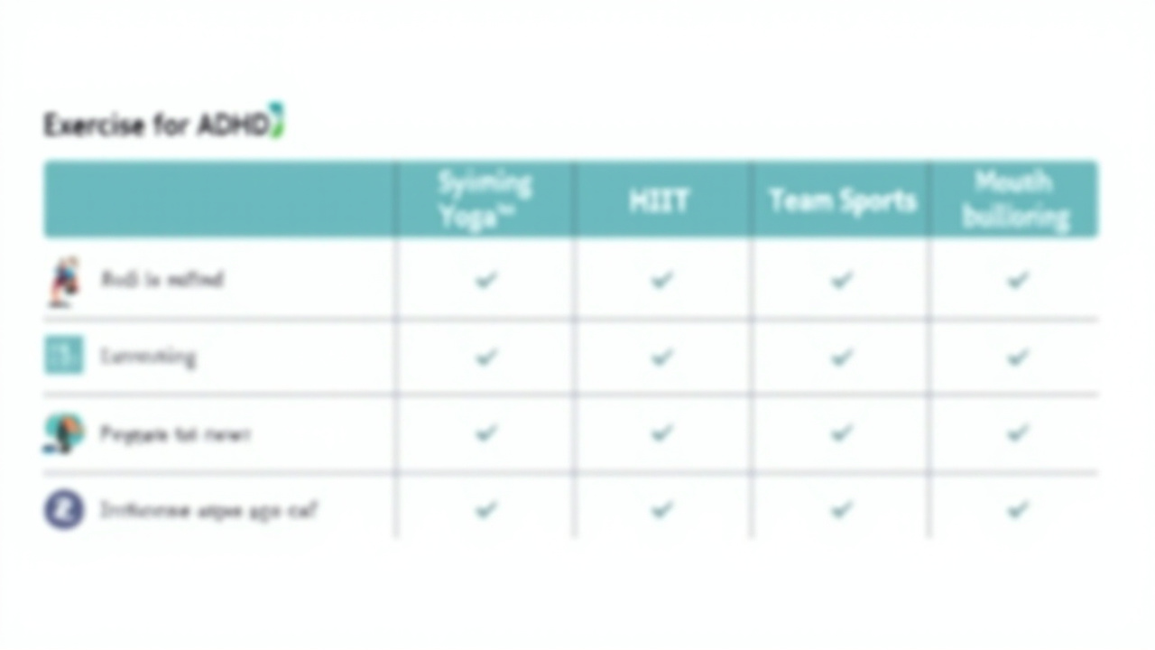 Comparison table of 5 exercise types for ADHD: aerobic, martial arts, team sports, yoga, walking