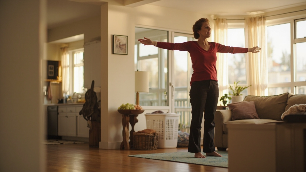 Person with ADHD doing a beginner-friendly exercise routine in a living room at home