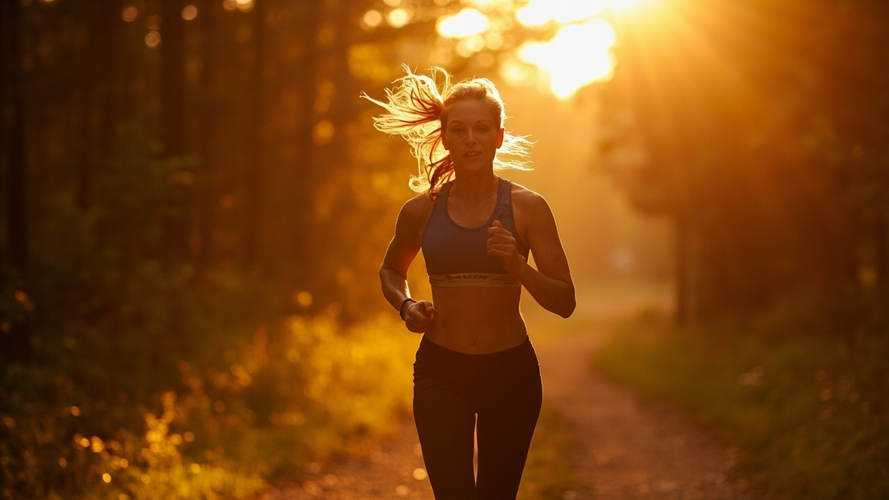 Young woman running on outdoor trail at golden hour, athletic fitness photography style