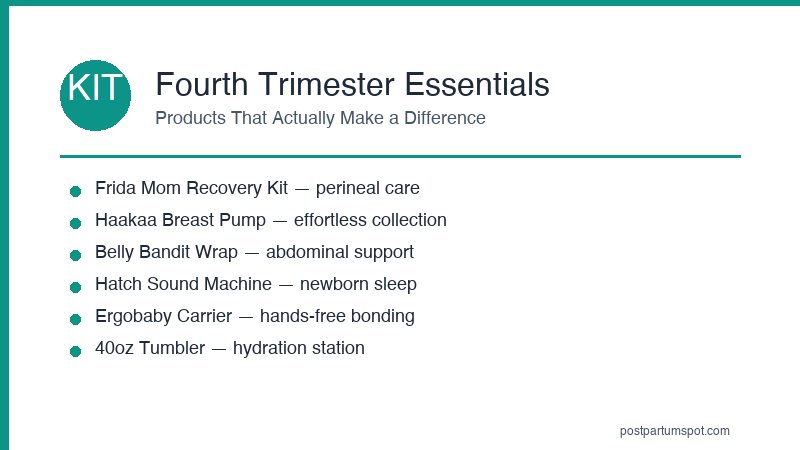 Fourth trimester postpartum essentials flatlay including recovery products, baby care items, and comfort products