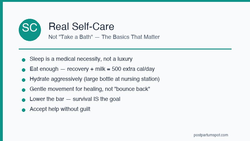 Postpartum self-care essentials including herbal tea, comfortable items, and recovery products