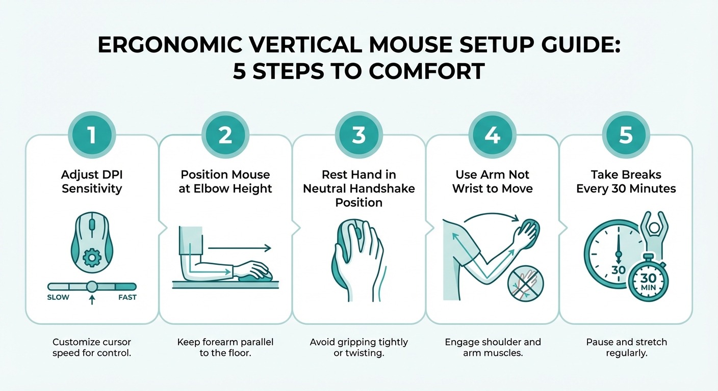 Infographic showing how-to setup guide for the Kensington Pro Fit Ergo vertical mouse with 5 steps