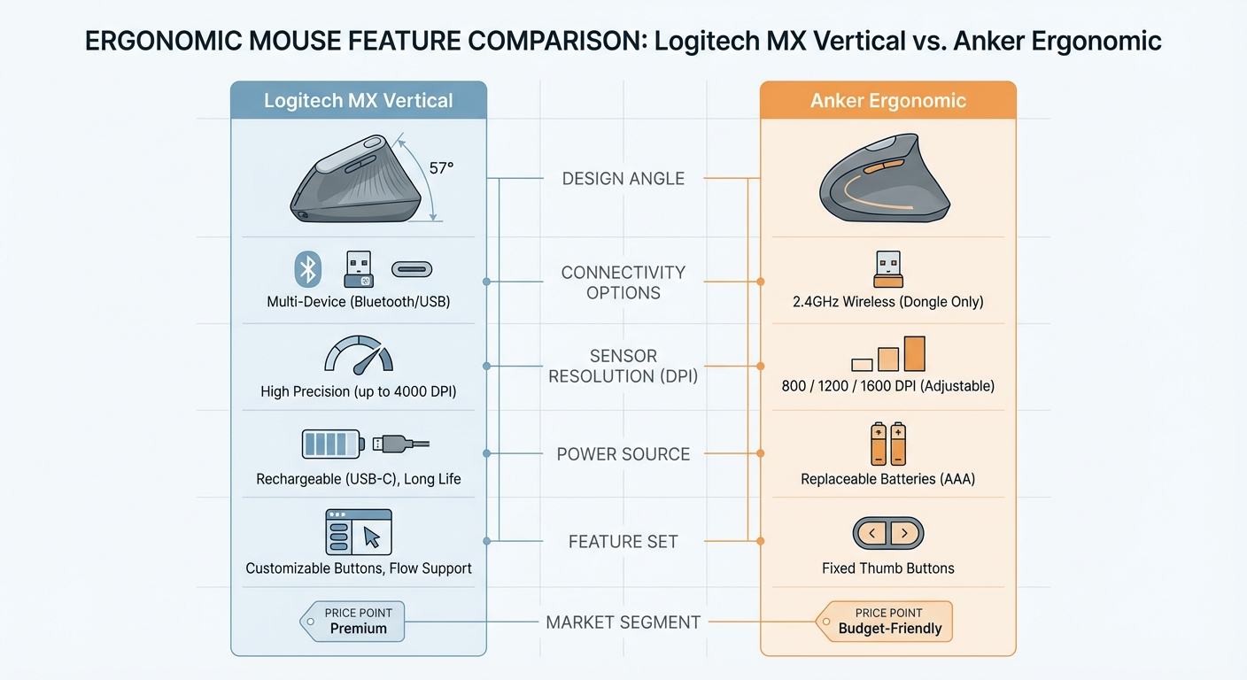 Feature comparison infographic showing Logitech MX Vertical vs Anker for office use