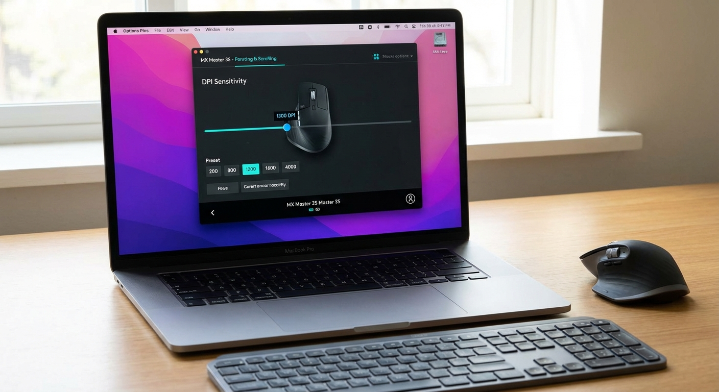 Logitech Options Plus software on MacBook showing mouse DPI and per-app settings