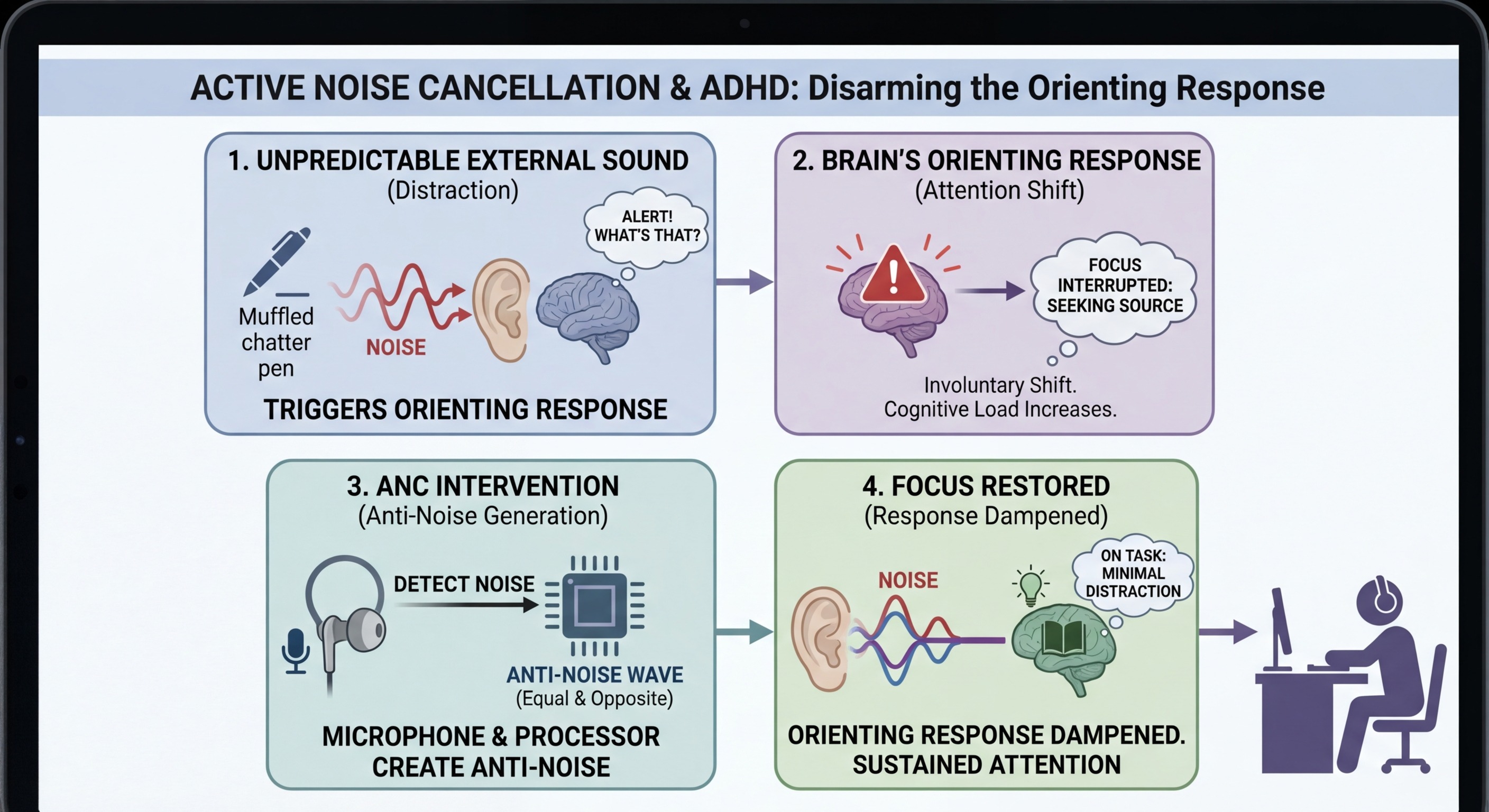 Scientific diagram showing how active noise cancellation works with ADHD brain orienting response