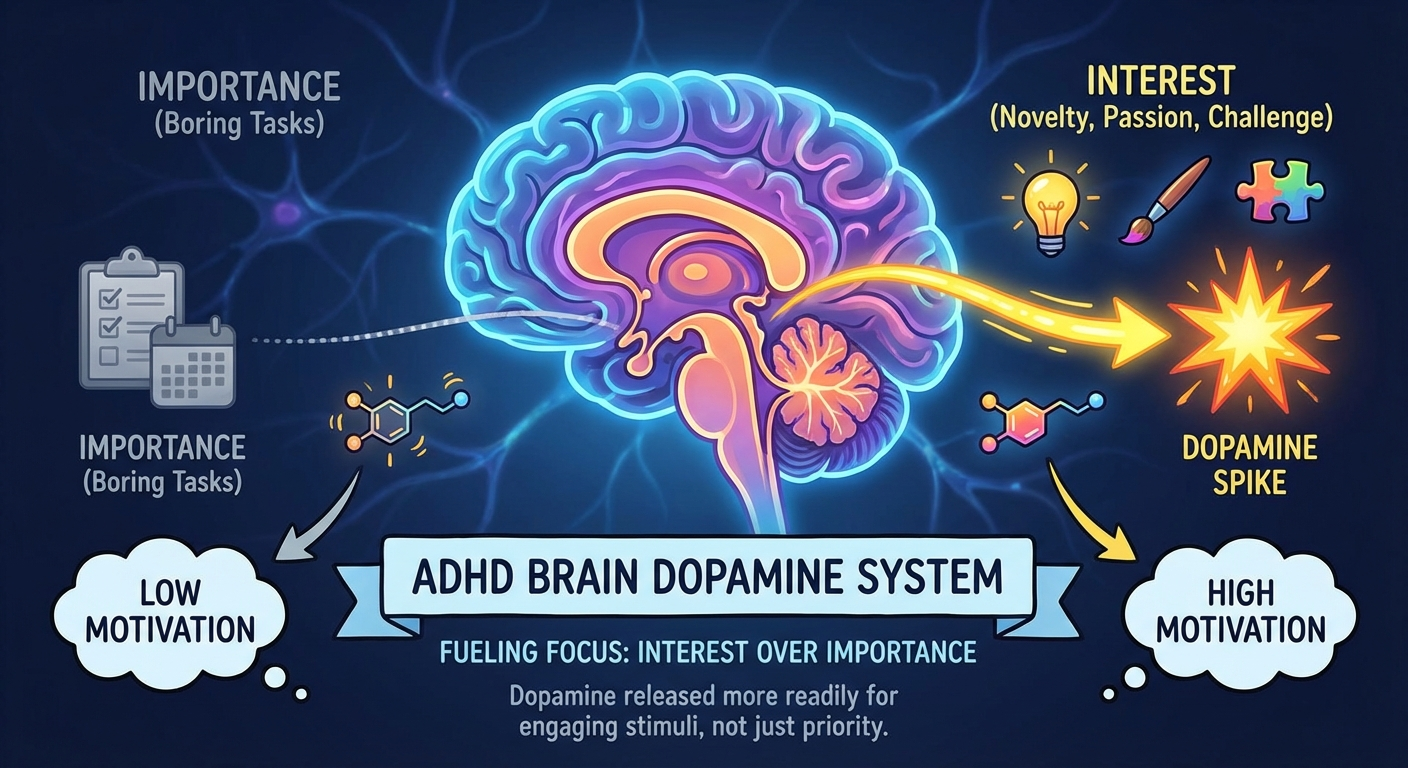 ADHD brain dopamine motivation diagram showing interest-based activation
