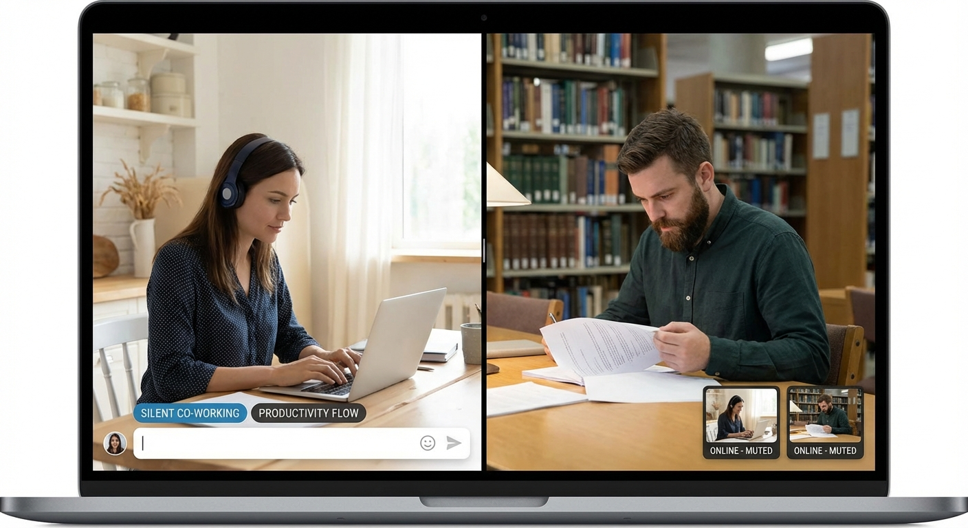 Virtual body doubling video call two people working silently together