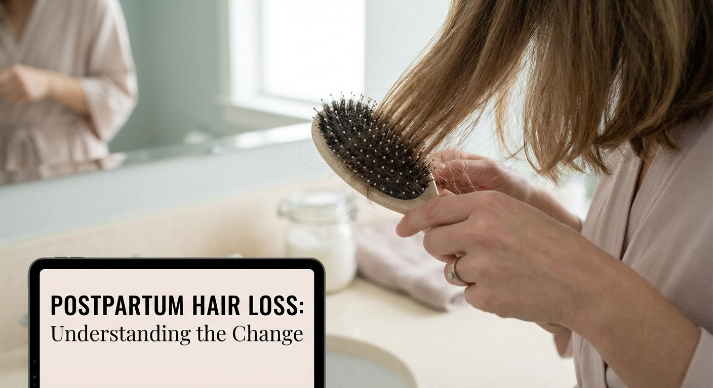 Woman examining hair loss in bathroom mirror in soft natural light, postpartum hair shedding concept
