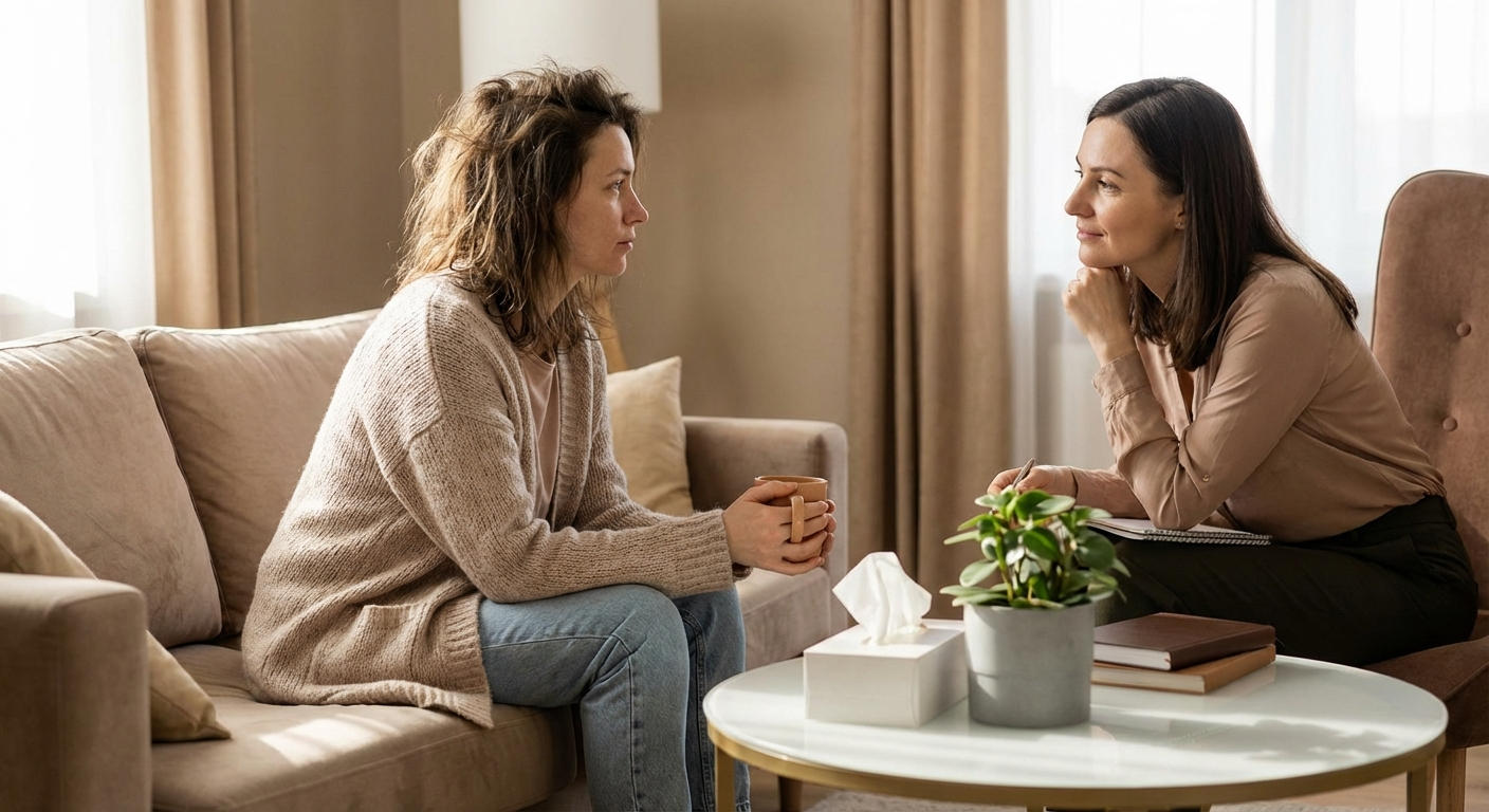 Mother attending postpartum therapy session for anxiety and depression treatment