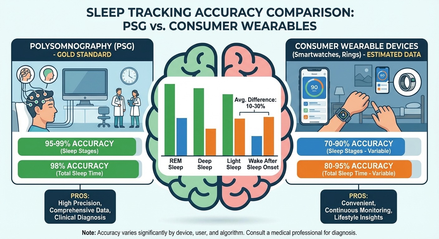 Infographic comparing sleep tracking accuracy between clinical polysomnography and consumer wearable devices