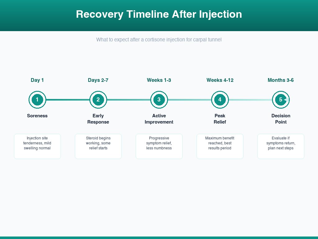 Recovery timeline infographic showing what to expect after a carpal tunnel steroid injection