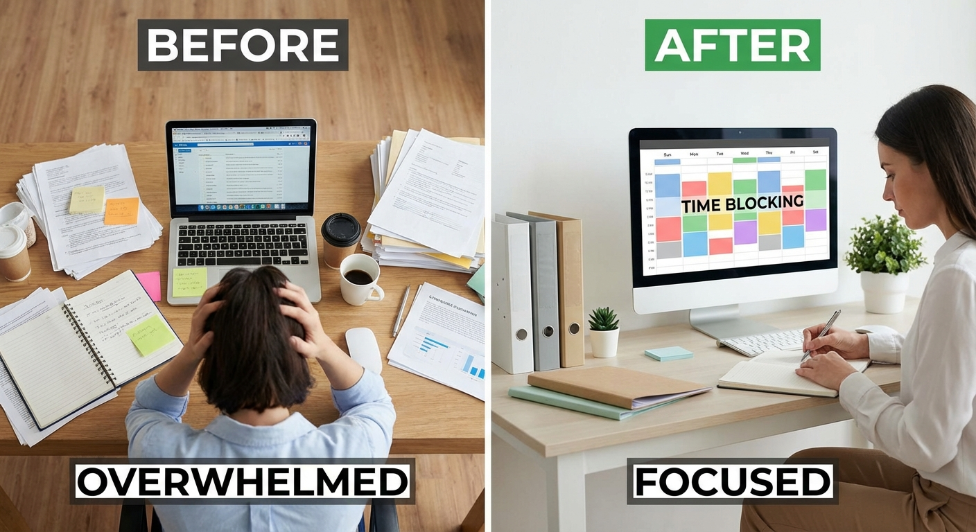 Before and after comparison: overwhelmed desk versus calm, organized desk with time blocking system