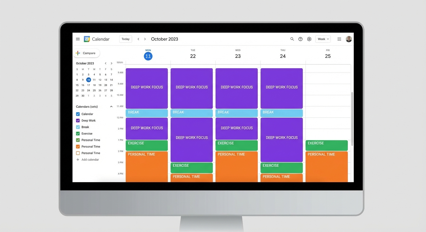 Google Calendar showing ADHD time blocking setup with color-coded events for work, focus, breaks, exercise, and personal time