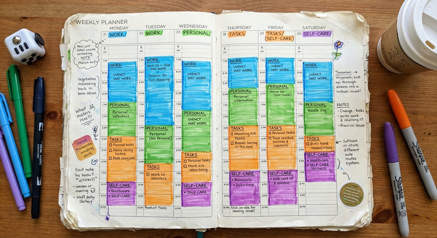 Paper weekly planner with time blocks filled in using colored markers — physical ADHD planning system