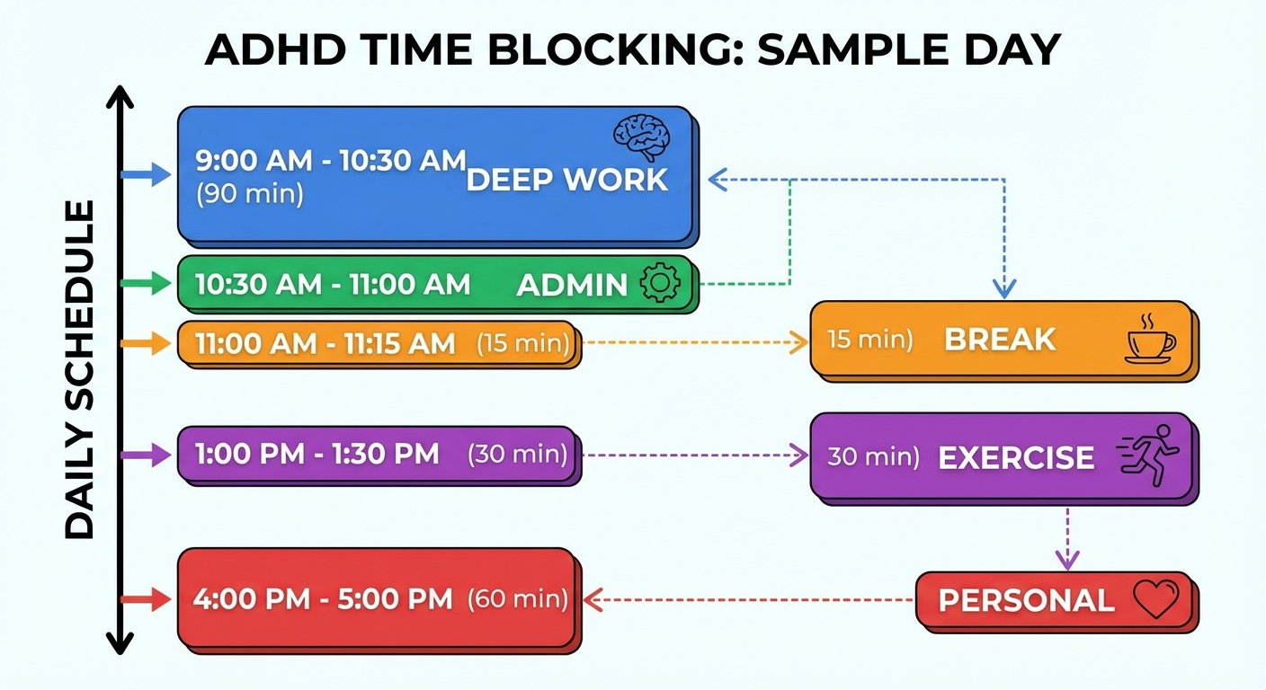 ADHD time blocking infographic showing a sample daily schedule with color-coded blocks for deep work, admin, breaks, exercise, and personal time