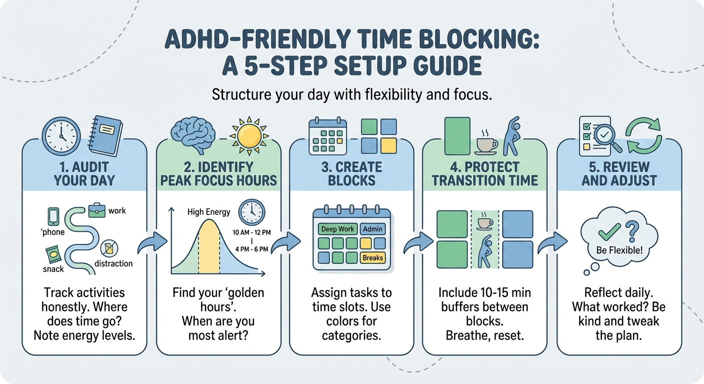 Step-by-step time blocking setup infographic: audit your day, identify peak hours, create blocks, protect transition time, review and adjust