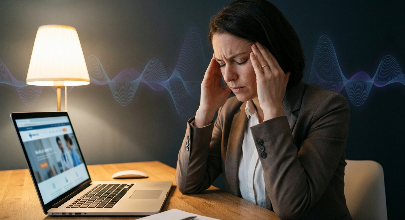 Person in mid-30s sitting at desk pressing palms against temples in distress, soft desk lamp lighting with sound wave patterns representing tinnitus