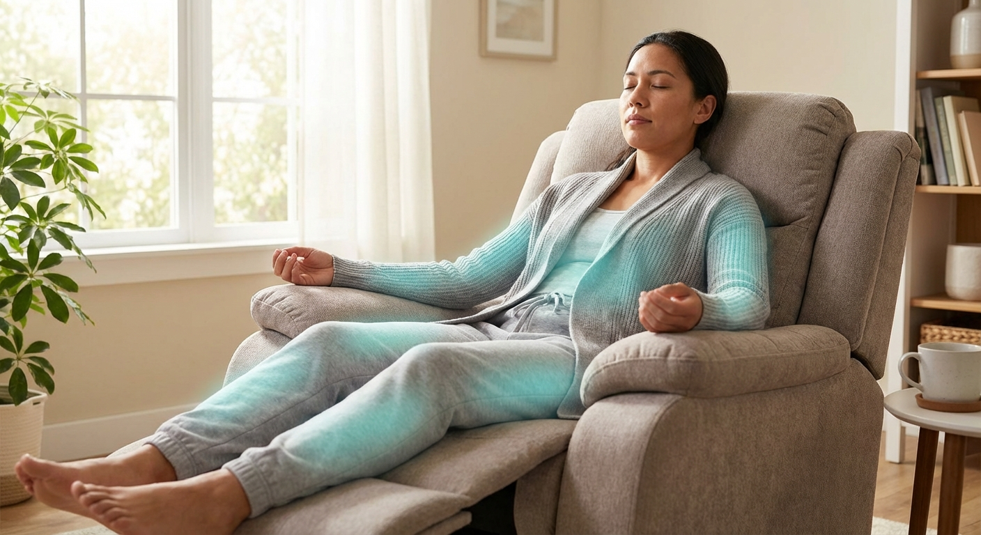 Person in comfortable clothing sitting in recliner chair eyes closed performing progressive muscle relaxation, calm room soft natural light