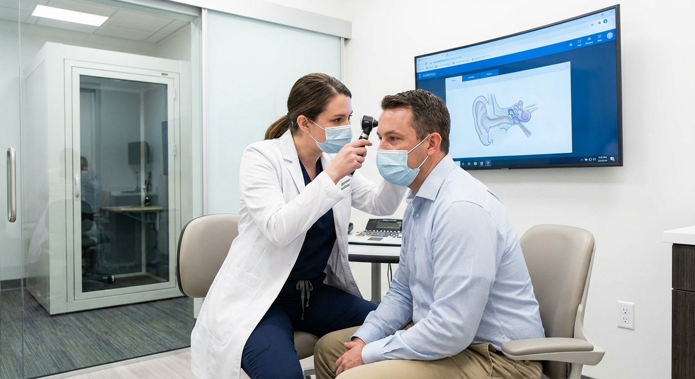 Audiologist examining a patient's ear with an otoscope in a clinical setting