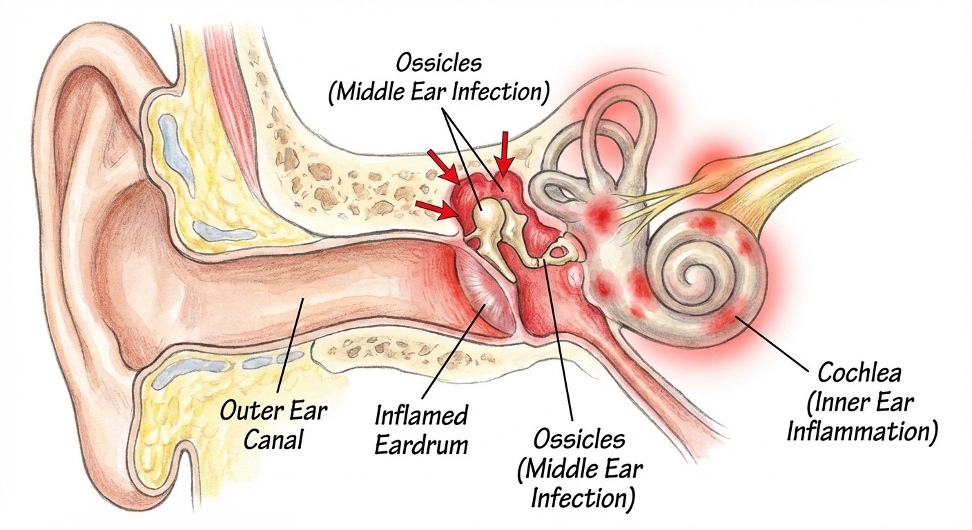 Anatomical cross-section of the human ear showing infection and inflammation in the middle ear area