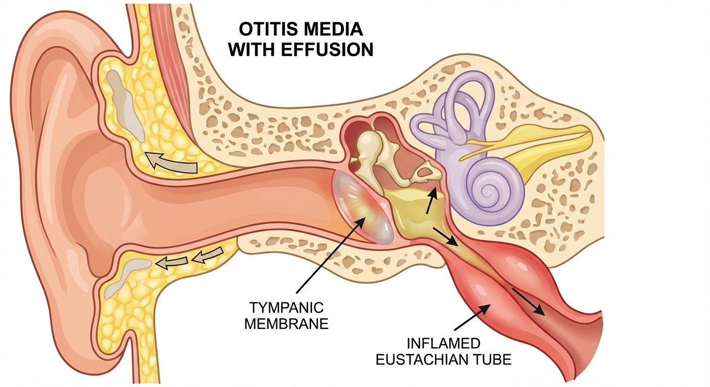 Medical diagram of middle ear infection showing fluid behind the eardrum