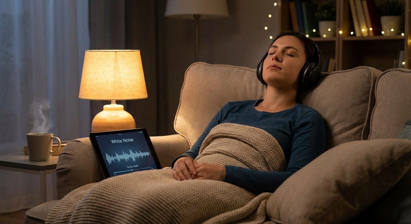 Person using sound therapy headphones for tinnitus relief at home