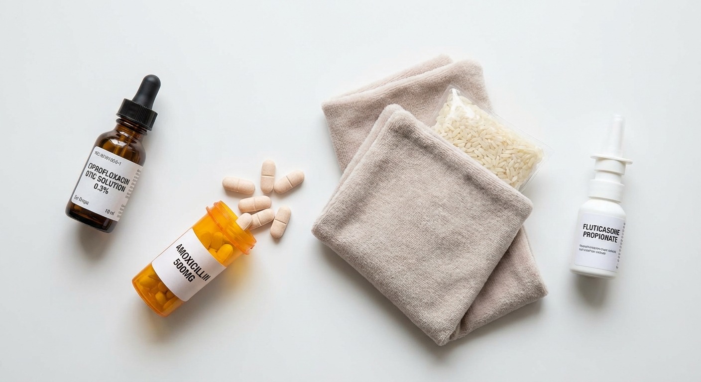 Ear infection treatment items including antibiotic drops, pain relief medication, and warm compress